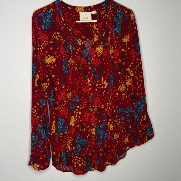 Anthropologie Maeve Red Floral Button Down Blouse Size Large - Picture 2 of 7